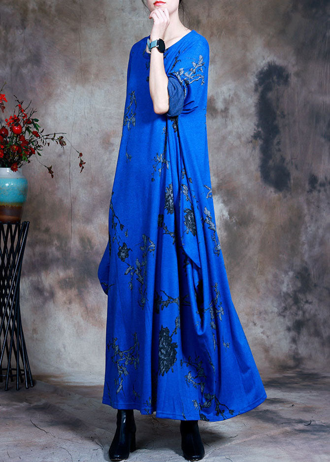 Blue O-neck Print Cotton Maxi Dress Spring