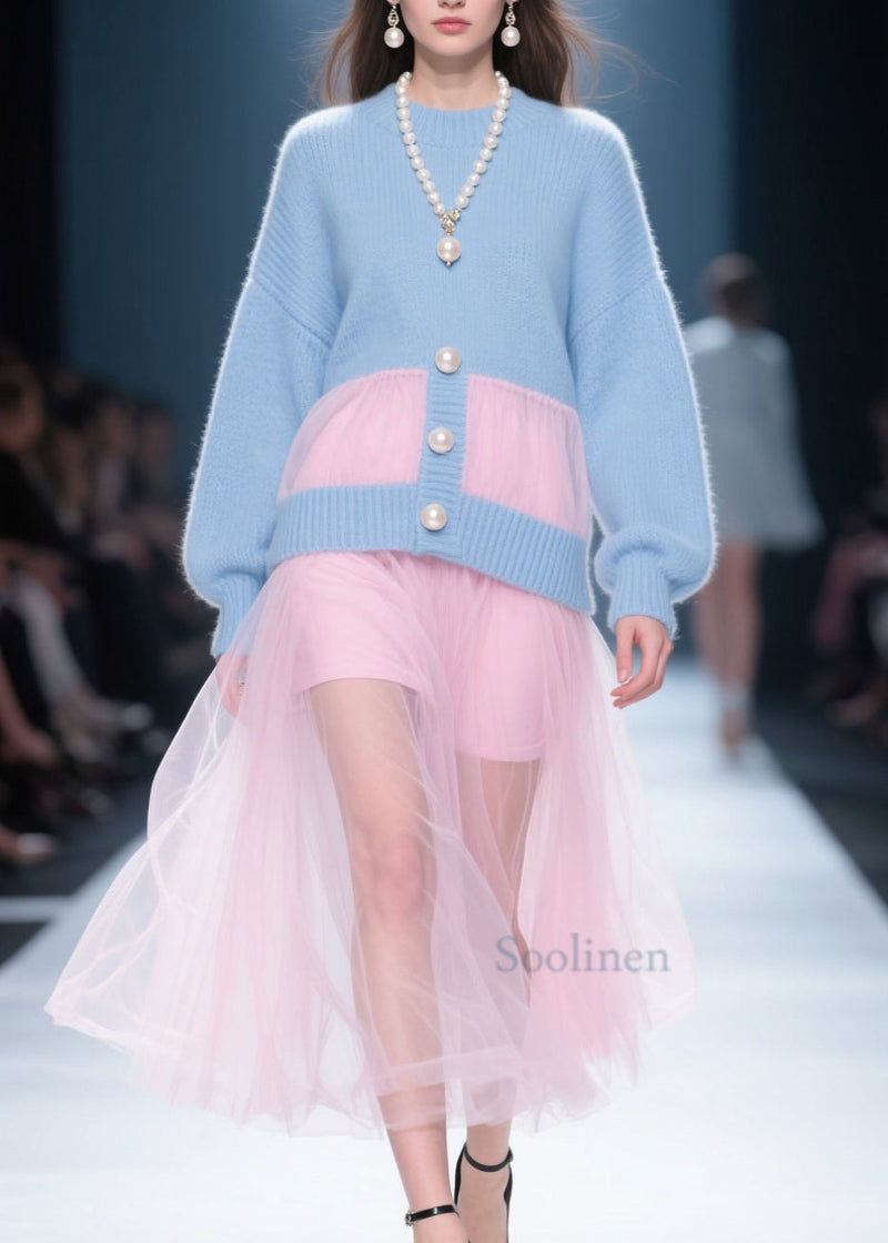 Blue O Neck Tulle Patchwork Knit Dress Fall