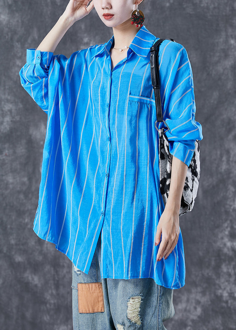 Blue Oversized Striped Cotton Shirt Tops Summer