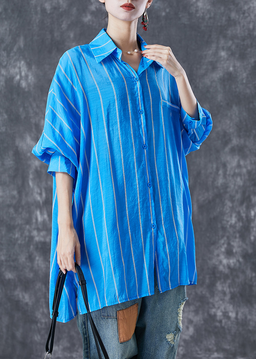 Blue Oversized Striped Cotton Shirt Tops Summer