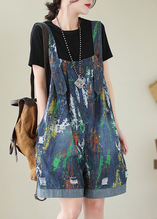 Blue Oversized Tie Dye Denim Jumpsuits Ripped Shorts Summer