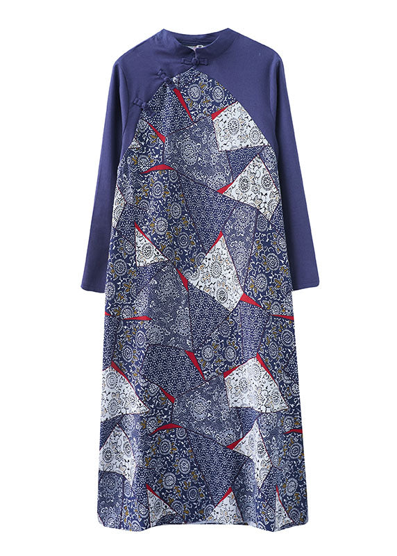 Blue Patchwork Button Asymmetrical Design Fall Holiday Dress Long Sleeve