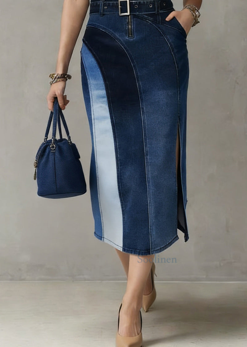 Blue Patchwork Sashes Side Open Vacation Denim Long Dresses