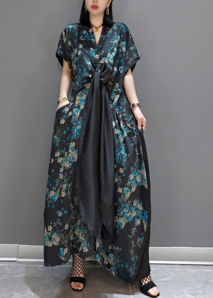 Blue Patchwork Silk Maxi Dresses Short Sleeve