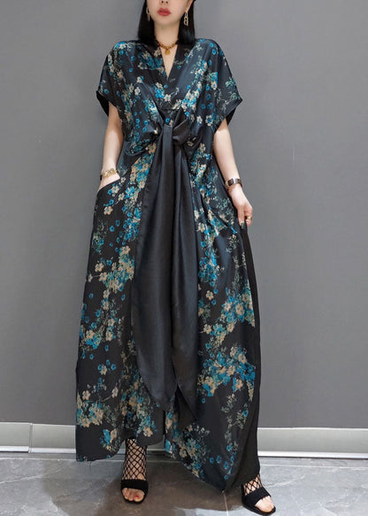 Blue Patchwork Silk Maxi Dresses Short Sleeve