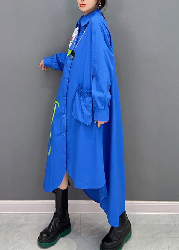 Blue Peter Pan Collar Asymmetrical Print Button Maxi Shirts Dress Long Sleeve