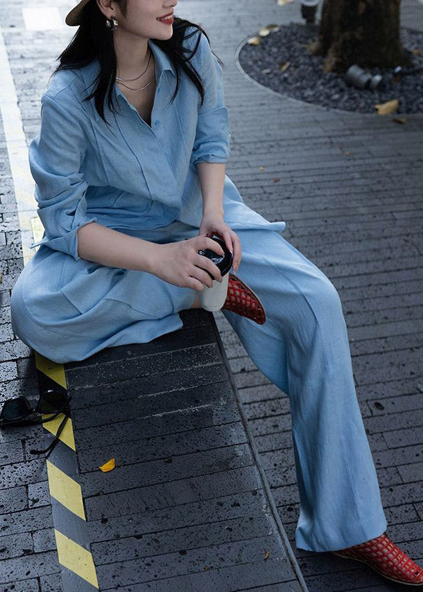Blue Peter Pan Collar Linen Shirts and Wide Leg Pants Two Pieces Set Long Sleeve
