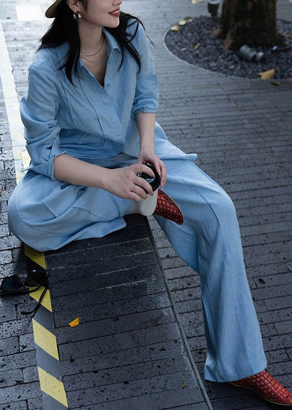 Blue Peter Pan Collar Linen Shirts and Wide Leg Pants Two Pieces Set Long Sleeve