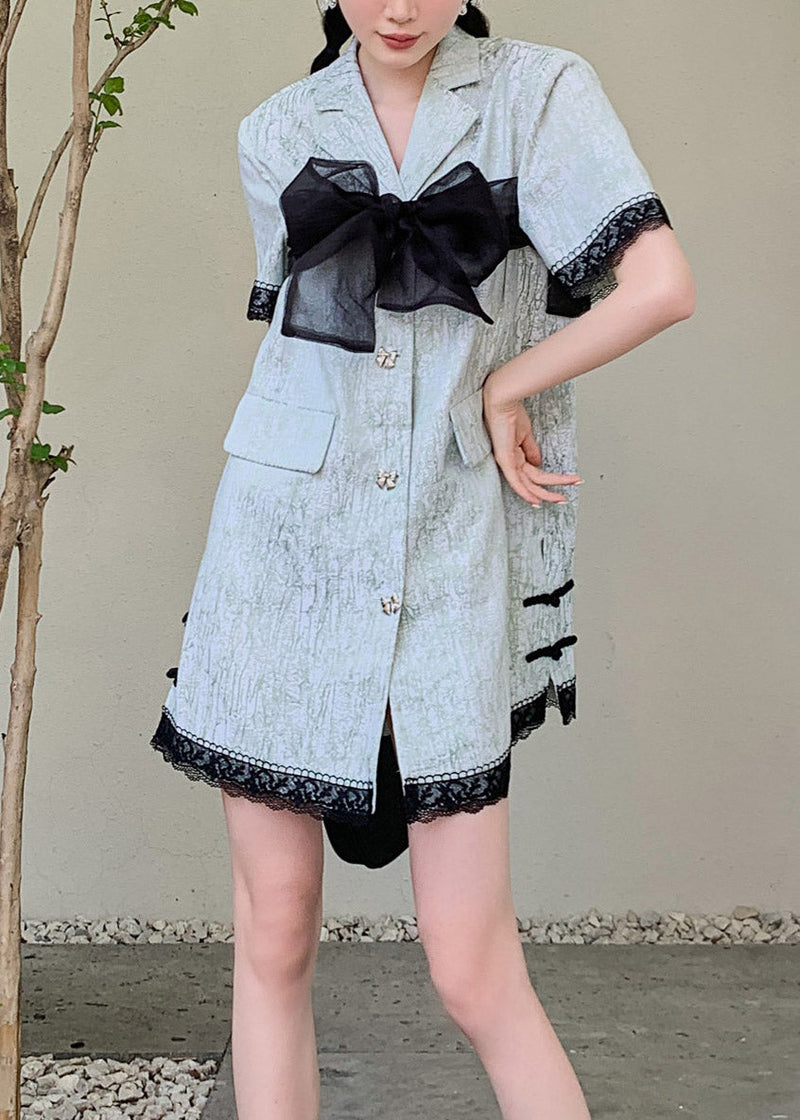 Blue Peter Pan Collar Organza Patchwork Button Mid Shirts Dresses Short Sleeve
