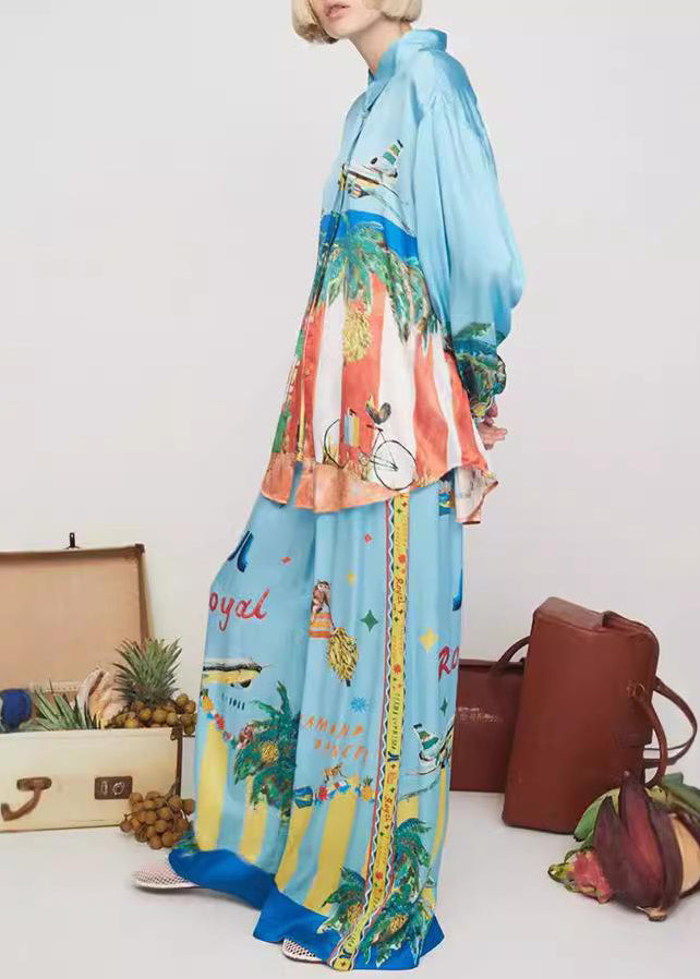 Blue Peter Pan Collar Shirts and Wide Leg Pants Two Pieces Set Spring