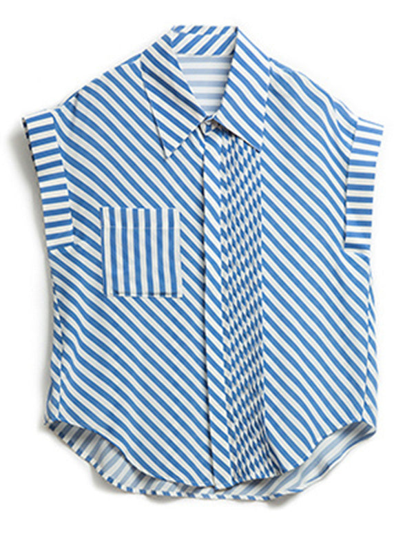 Blue Peter Pan Collar Striped Button Low High Design Silk Shirts Summer