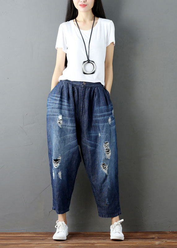 Blue Pockets Elastic Waist Denim Harem Pants Summer
