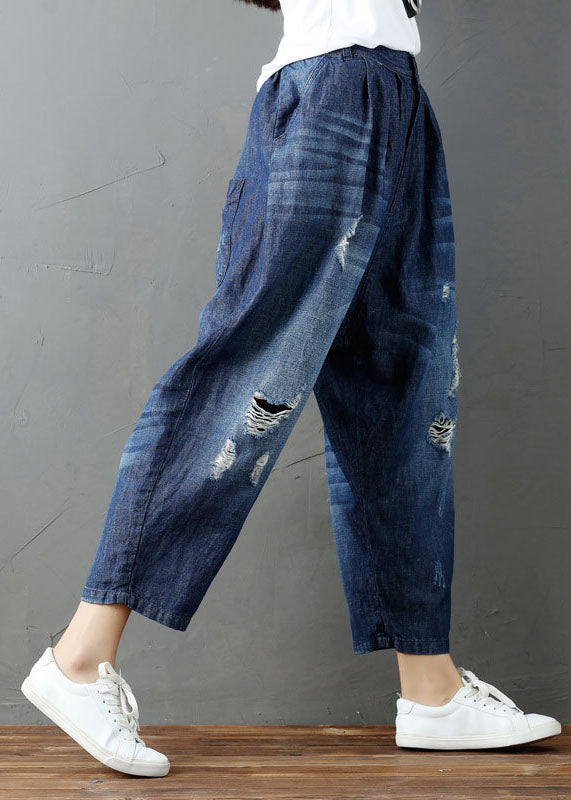 Blue Pockets Elastic Waist Denim Harem Pants Summer