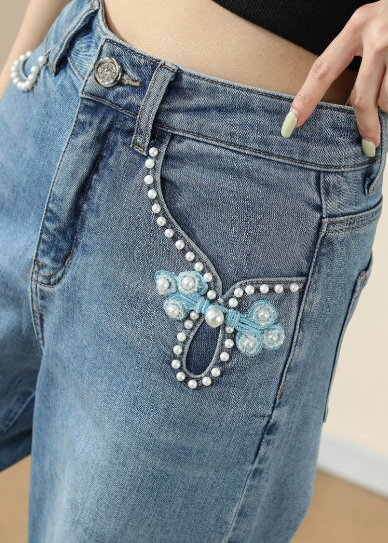 Blue Pockets Embroideried Nail Bead Denim Pants Spring