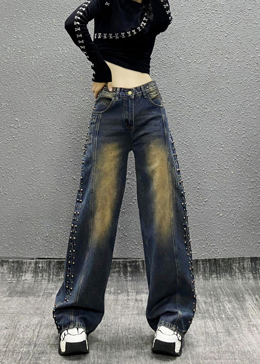 Blue Pockets Rivet High Waist Denim Wide Leg Pants Fall