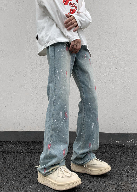 Blue Pockets Tie Dye Denim Straight Pants Fall