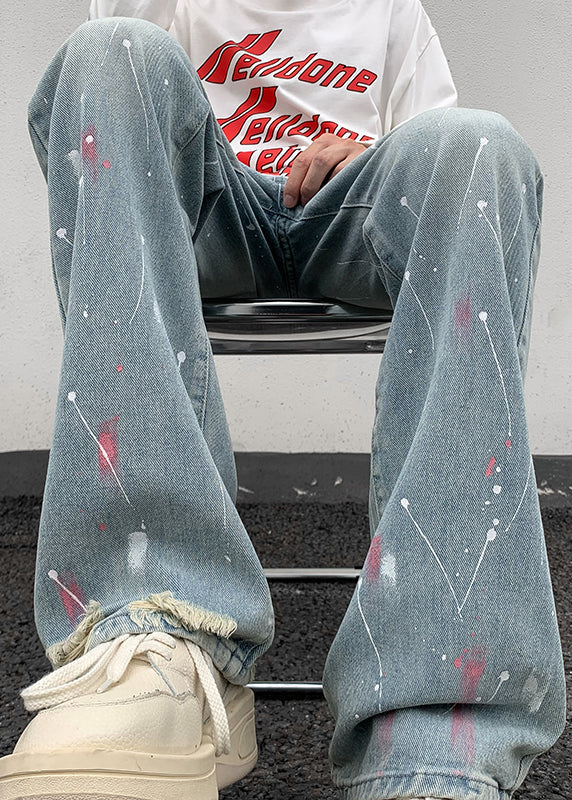 Blue Pockets Tie Dye Denim Straight Pants Fall
