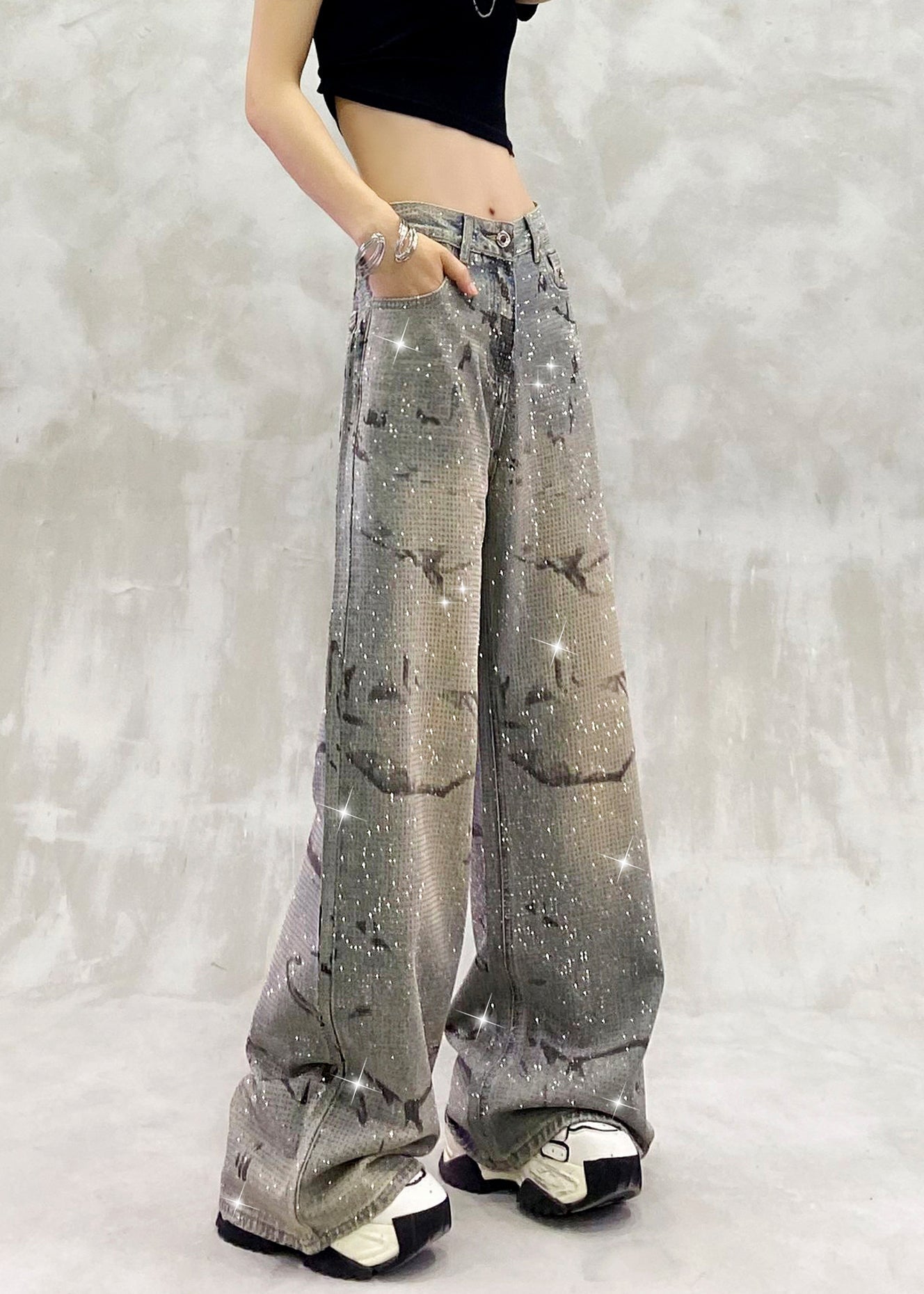 Blue Pockets Zircon High Waist Denim Pants Spring