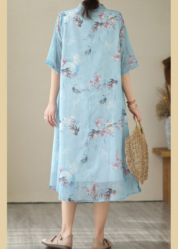 Blue Print Chiffon Long Dresses Summer