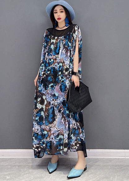 Blue Print Patchwork Draping Chiffon Long Dress Short Sleeve