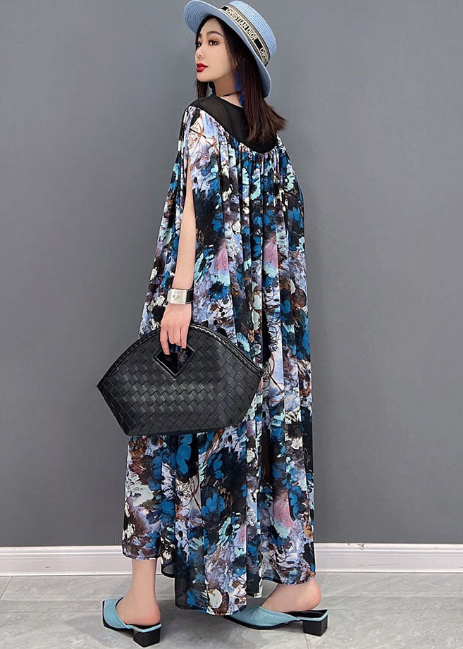 Blue Print Patchwork Draping Chiffon Long Dress Short Sleeve