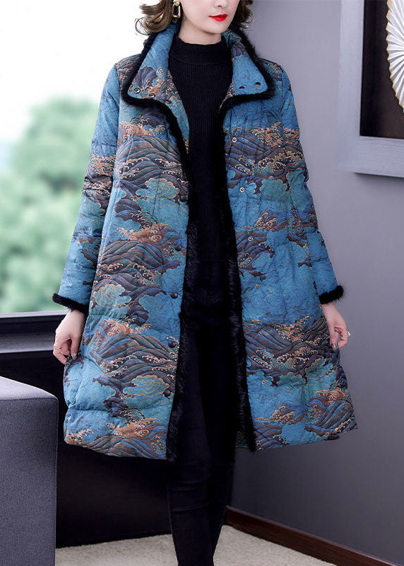 Blue Faux Fur Collar Print Fine Cotton Filled Puffer Coats Winter