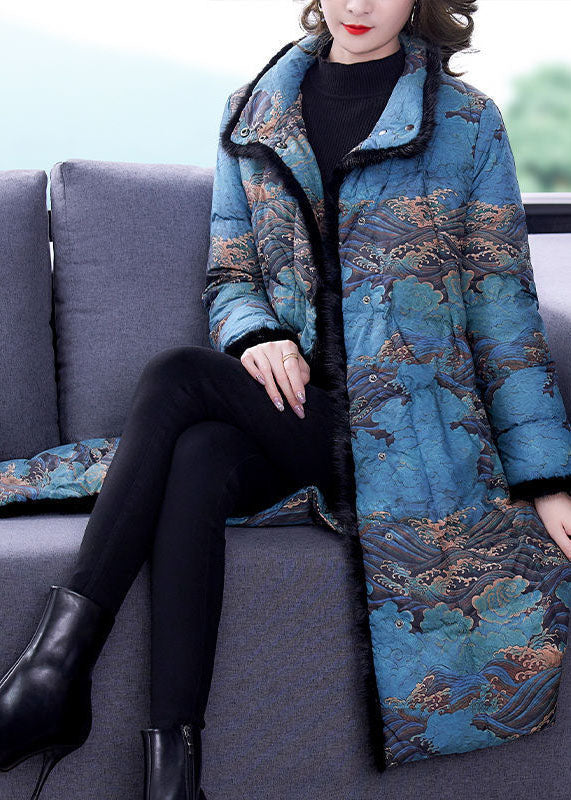 Blue Faux Fur Collar Print Fine Cotton Filled Puffer Coats Winter