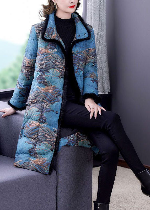 Blue Faux Fur Collar Print Fine Cotton Filled Puffer Coats Winter