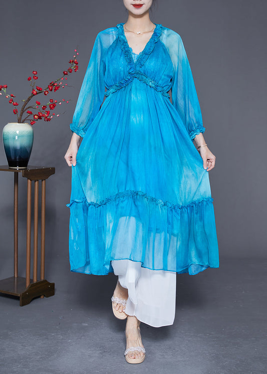 Blue Ruffled Exra Large Hem Silk Vacation Dresses Summer