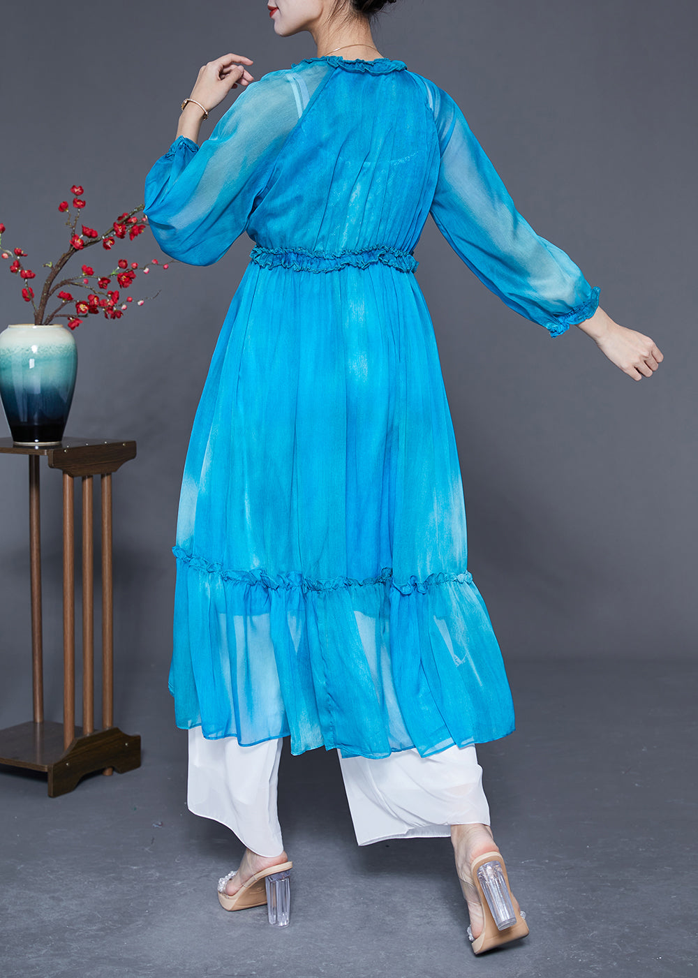 Blue Ruffled Exra Large Hem Silk Vacation Dresses Summer