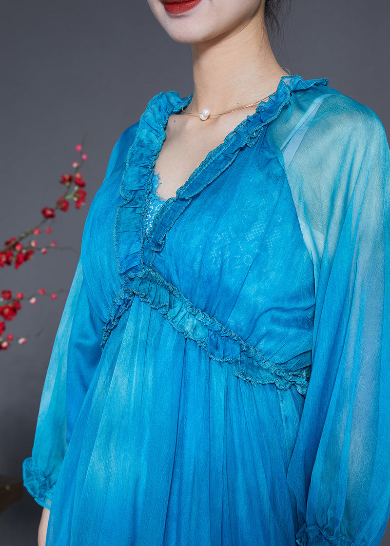 Blue Ruffled Exra Large Hem Silk Vacation Dresses Summer