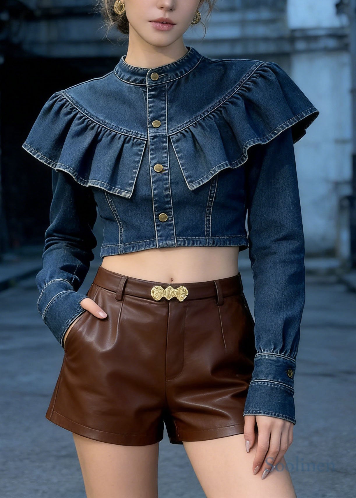 Fashion Blue Ruffled Patchwork Denim Short Top Spring