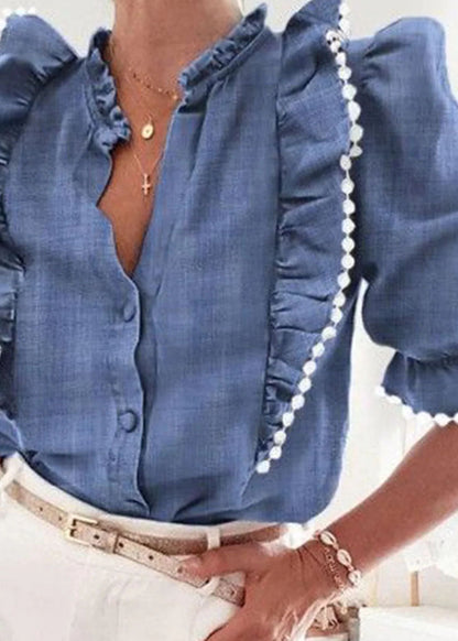 Blue Ruffled Patchwork Denim Top Short Sleeve