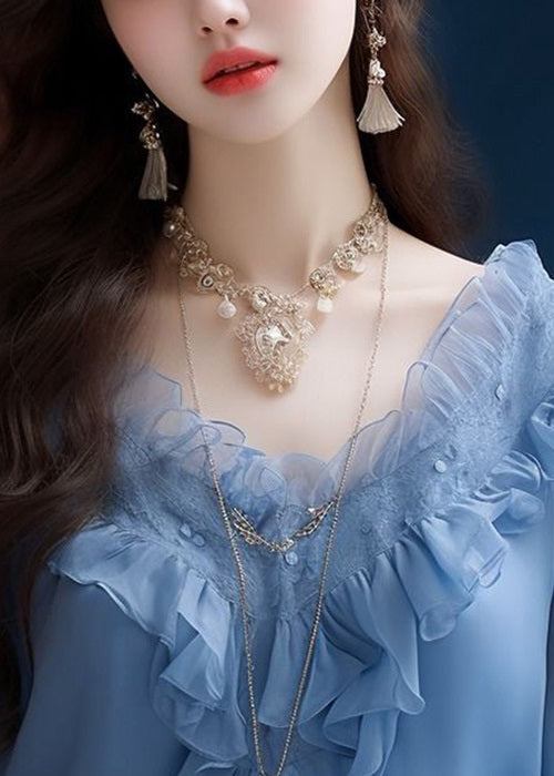 Blue Ruffled Chiffon Tops Long Sleeve