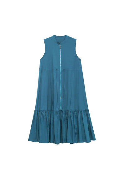 Blue Stand Collar Tie Waist Zip Up Mid Dress Spring