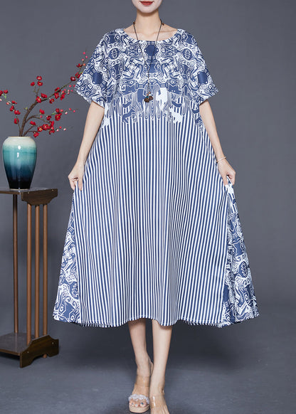 Blue Striped Patchwork Exra Large Hem Silk Robe Dresses Summer
