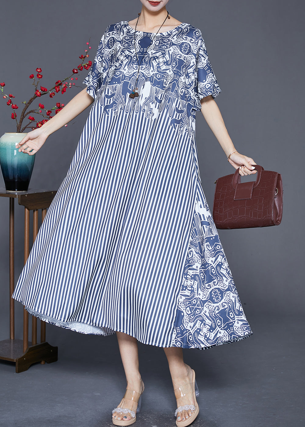 Blue Striped Patchwork Exra Large Hem Silk Robe Dresses Summer