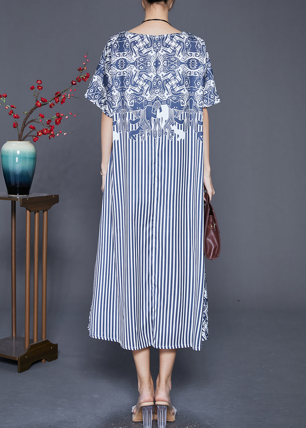 Blue Striped Patchwork Exra Large Hem Silk Robe Dresses Summer