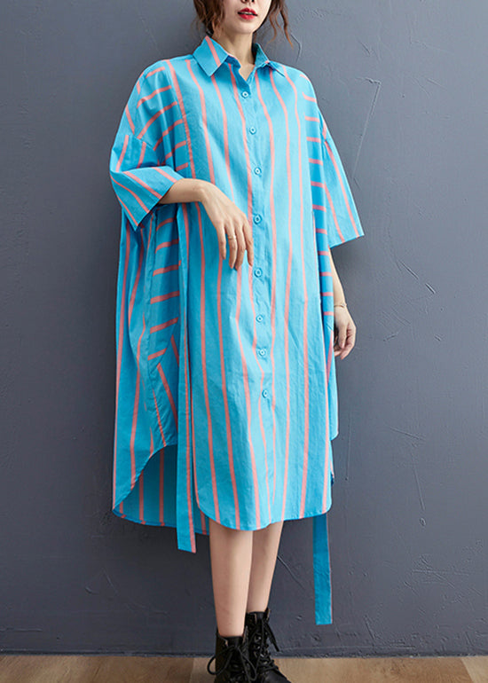 Blue Striped Peter Pan Collar Button Tie Waist Shirt Dress Half Sleeve