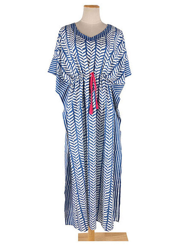 Blue Striped Print Drawstring Long Holiday Dress Summer