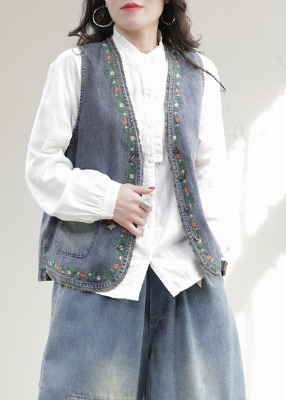 Blue V Neck Embroideried Patchwork Denim Waistcoat Sleeveless