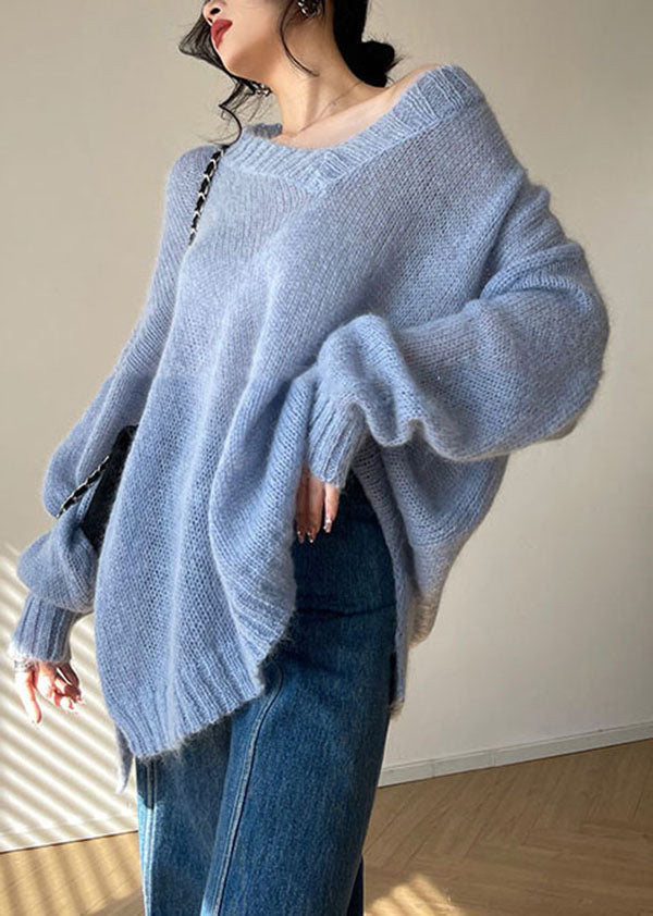 Blue V Neck Hollow Out Cozy Knit Sweater Tops Spring