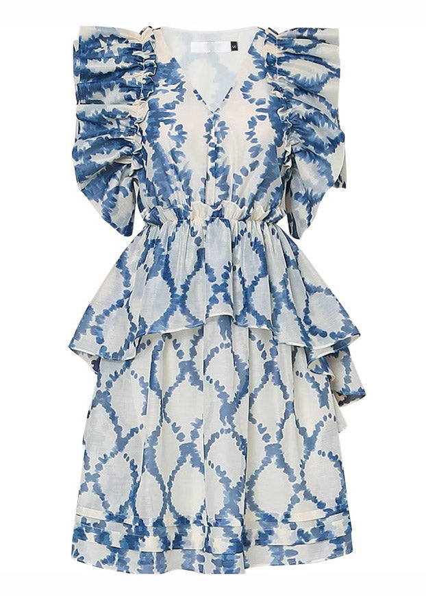 Blue V Neck Print Ruffled Patchwork Organza Mid Dress Summer
