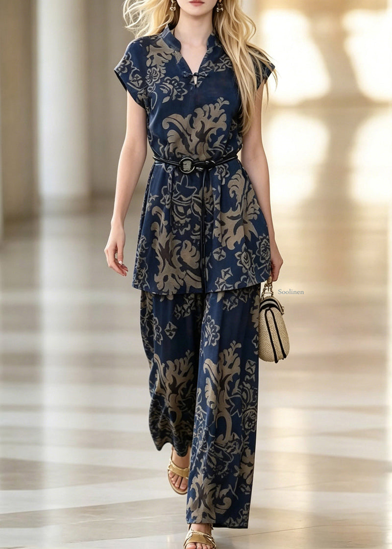 Blue V Neck Print Shirt and Wide Leg Pants Two Piece Set Summer