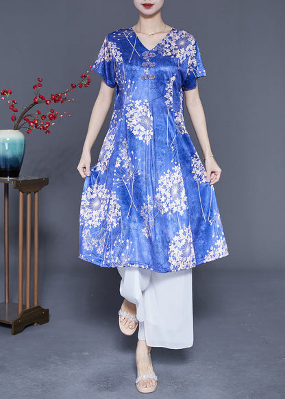 Blue V Neck Print Silk Holiday Dresses Summer