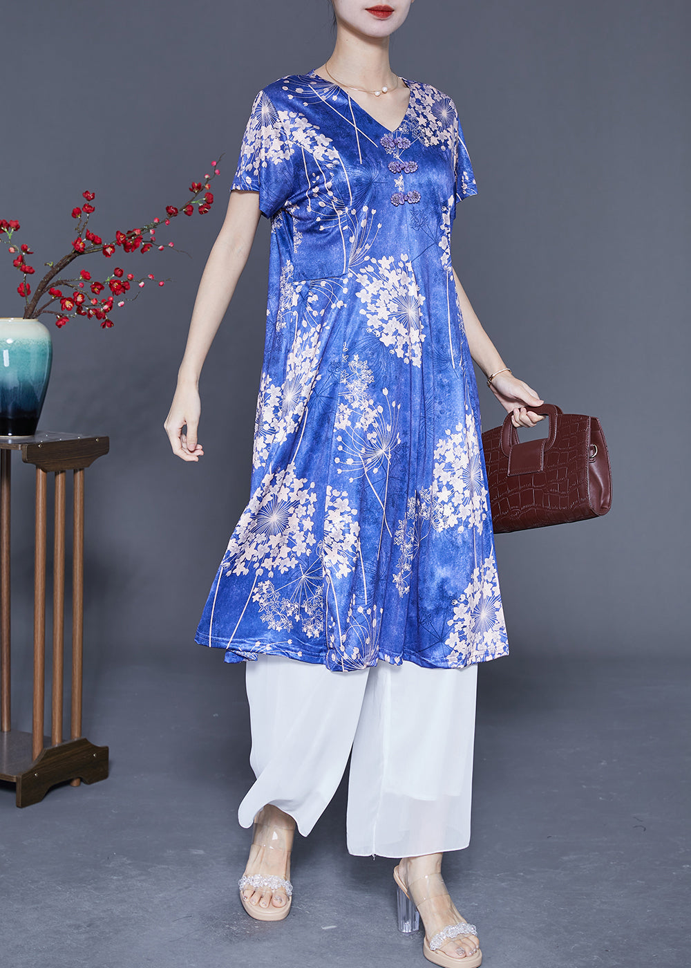 Blue V Neck Print Silk Holiday Dresses Summer