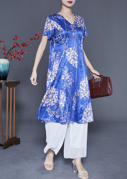 Blue V Neck Print Silk Holiday Dresses Summer