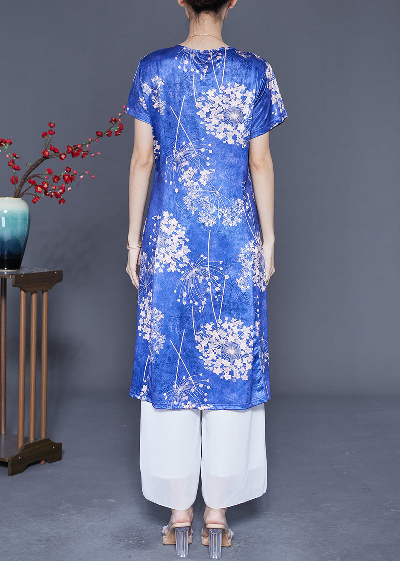 Blue V Neck Print Silk Holiday Dresses Summer