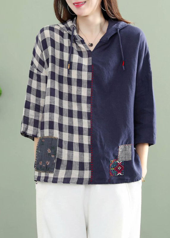 Blue Hooded Plaid Patchwork Drawstring Fall Tops Half Sleeve