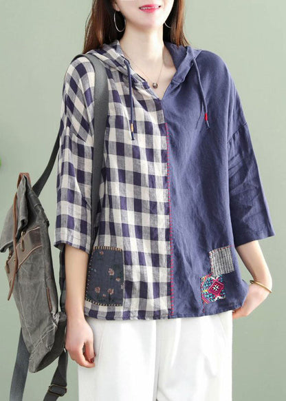 Blue Hooded Plaid Patchwork Drawstring Fall Tops Half Sleeve